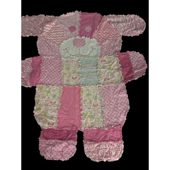 Pink Patchwork Bear-Shaped Quilt With Fringe & Owl Patterns For Toddlers Babies - Picture 2 of 16